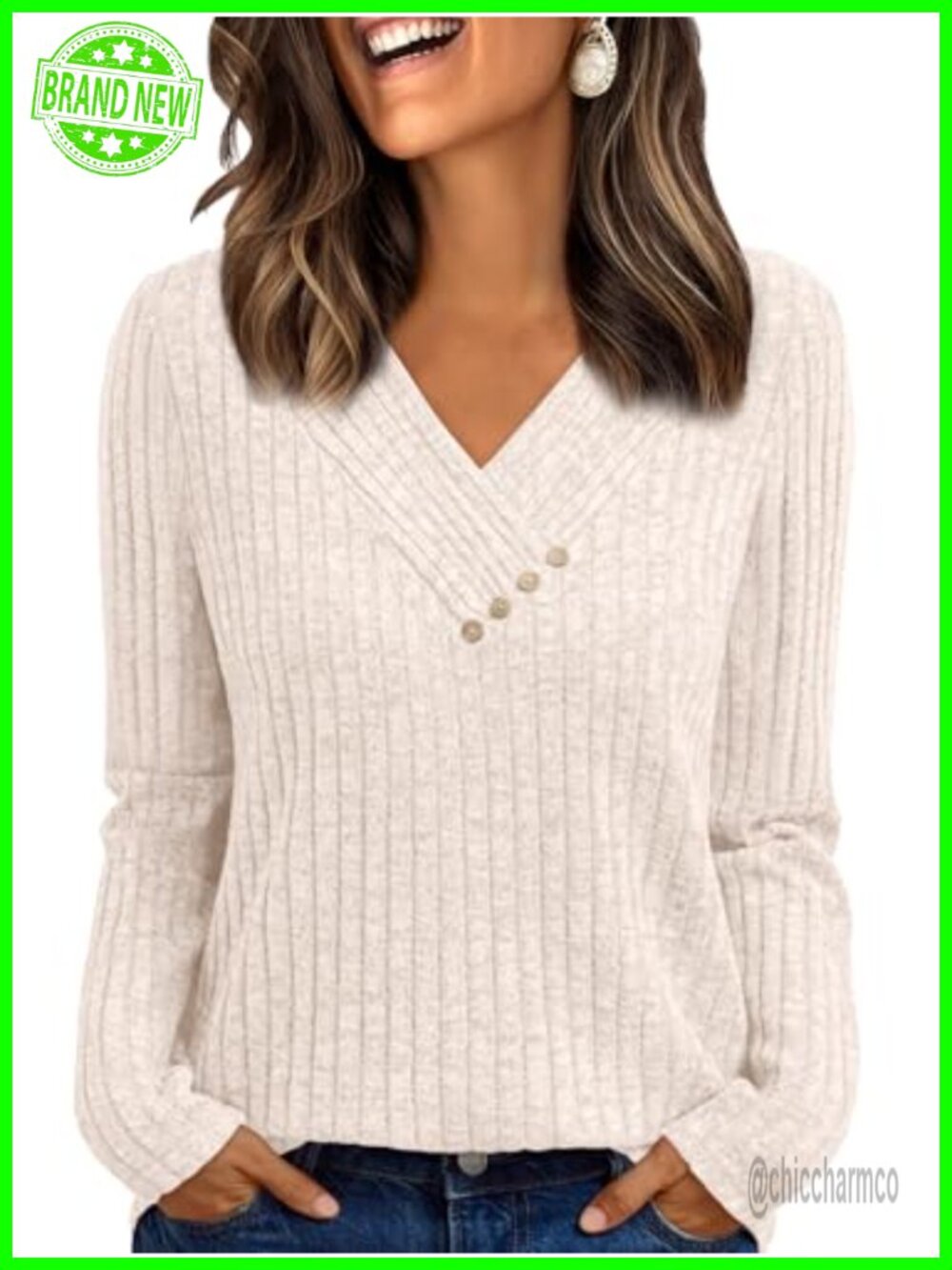Womens Long Sleeve V Neck Tunic Sweater Relaxed Fit Layering Top